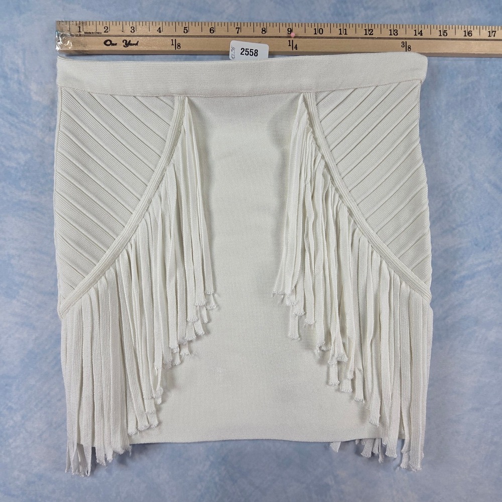 Torn by Ronny Kobo White Bandage Fringe Mini‎ Skirt Size Medium Bodycon Ribbed